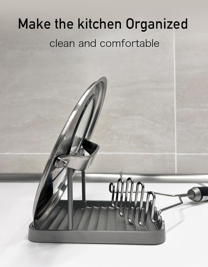 CHANNICORNER Anti-Rust Metal Spoon Rest with Lid Holder, Heat-Resistant Pot Lid Rest, Multifunctional Spatula Holder While Cooking for Stovetop and Kitchen Counter – Grey - Image 4